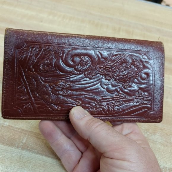 Vtg Men Leather Wallet Dragon Tiger Embossed - Picture 1 of 6
